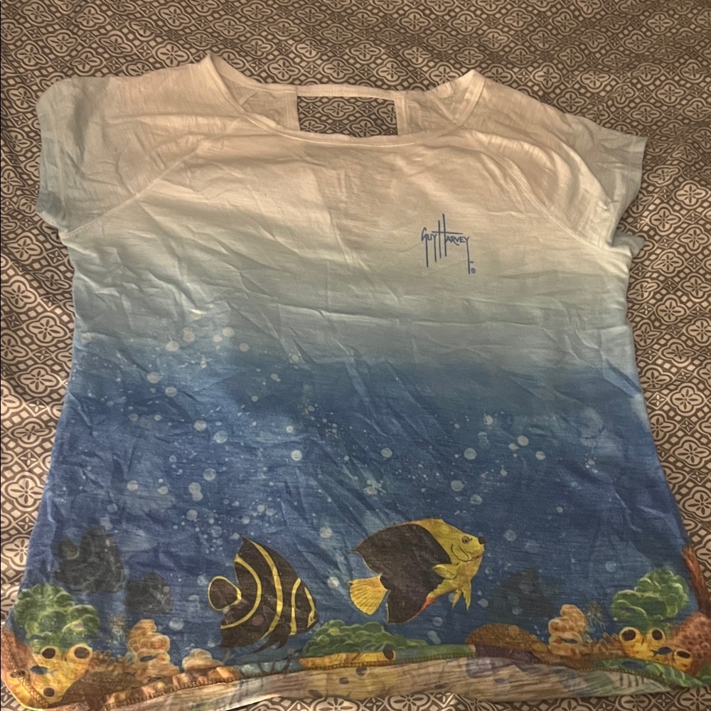 Ladies Guy Harvey Ocean-Themed Blue and White T-Shirt